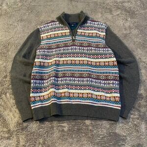 Classy Grey Tommy Hilfiger Quarterzip with Aztec like colorful pattern Large